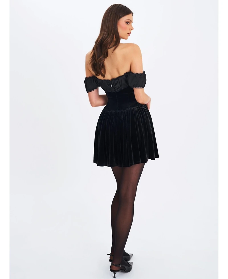 Miss Circle Women's Daisha Black Lace Trimmed Off-Shoulder Ruched Mini Dress