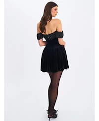 Miss Circle Women's Daisha Black Lace Trimmed Off-Shoulder Ruched Mini Dress