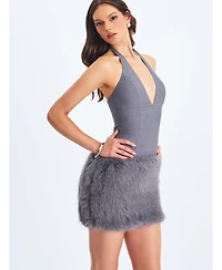 Miss Circle Women's Daisy Grey Drop Waist Fur Trim Halter Mini Dress