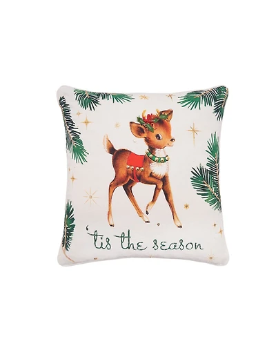 "Tis the Season" Vintage Baby Reindeer Cotton Blend Christmas Accent Throw Pillow 18" x 18"