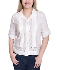 Ny Collection Women's Point Collar Short Sleeve Eyelet-Inset Top