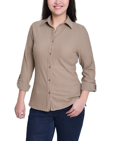 Ny Collection Women's Point Collar Long Sleeve Textured Knit Top