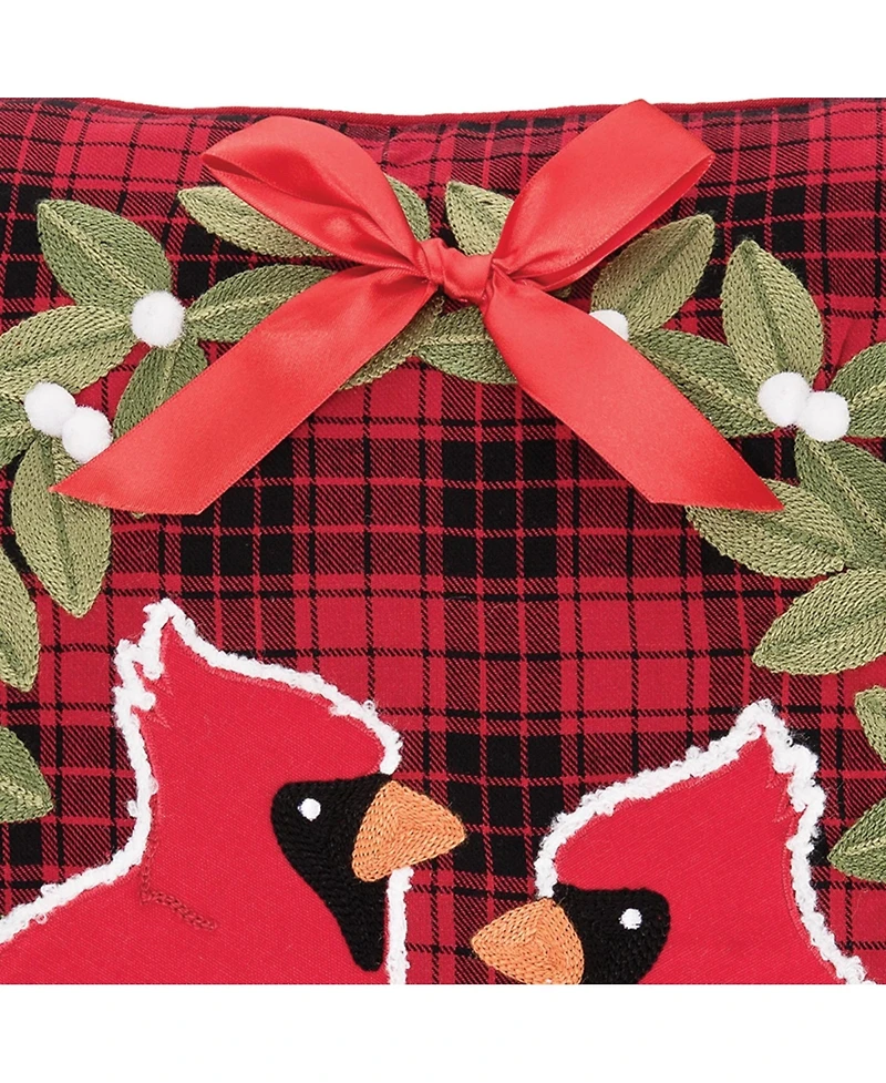 Red Cardinal on Holly Wreath Plaid Cotton Blend Christmas Tufted Accent Throw Pillow 18" x 18"