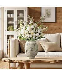 LuxenHome Antique Terracotta Vase, 10-Inch Tall Off-White Pot with Mossy Green Patina, Rustic Decor