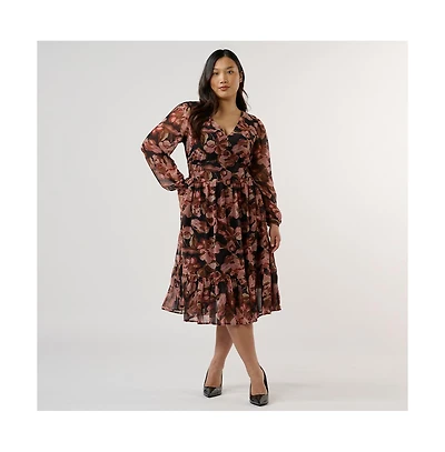 Estelle Plus Natalia Floral V-Neck Fit Flare Midi Dress