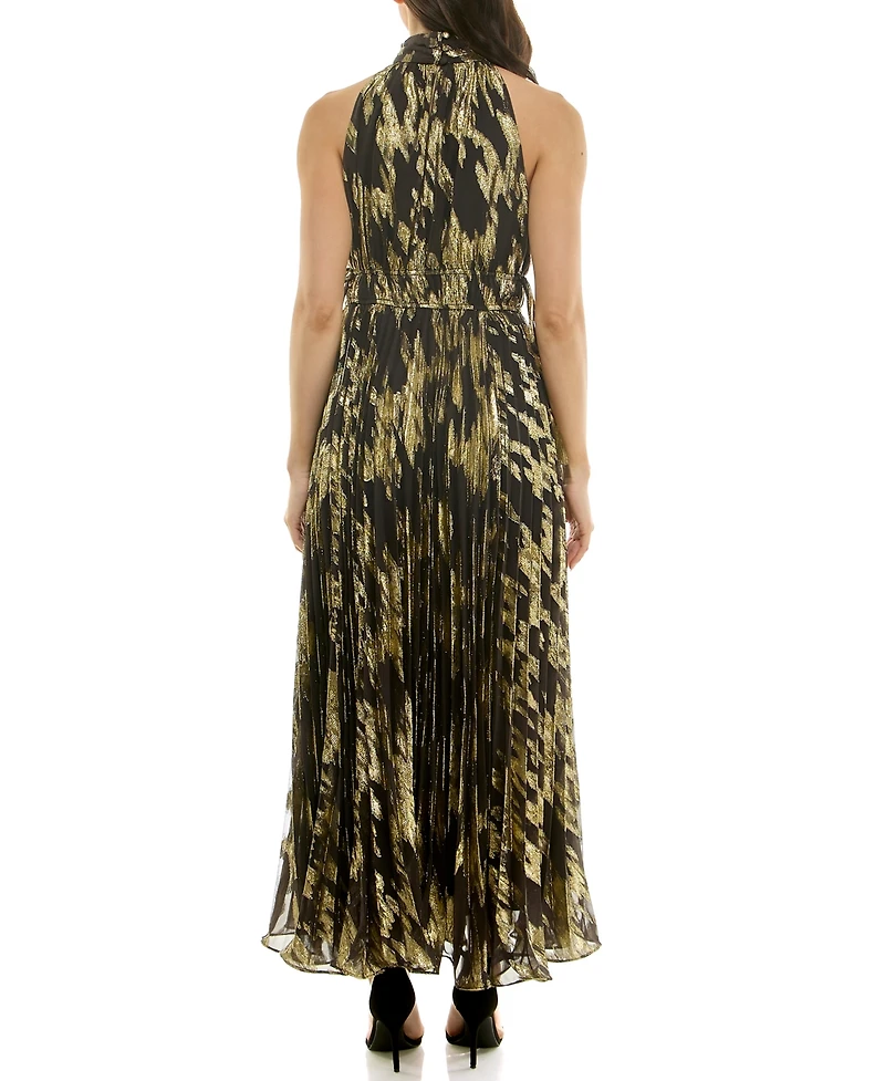 Taylor Women's Sunburst Pleated Mock Neck Dress
