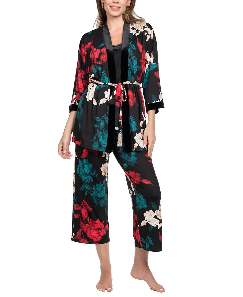 Linea Donatella Women's 3-Piece Sharifa Floral Top, Pants and Robe Pajama Set