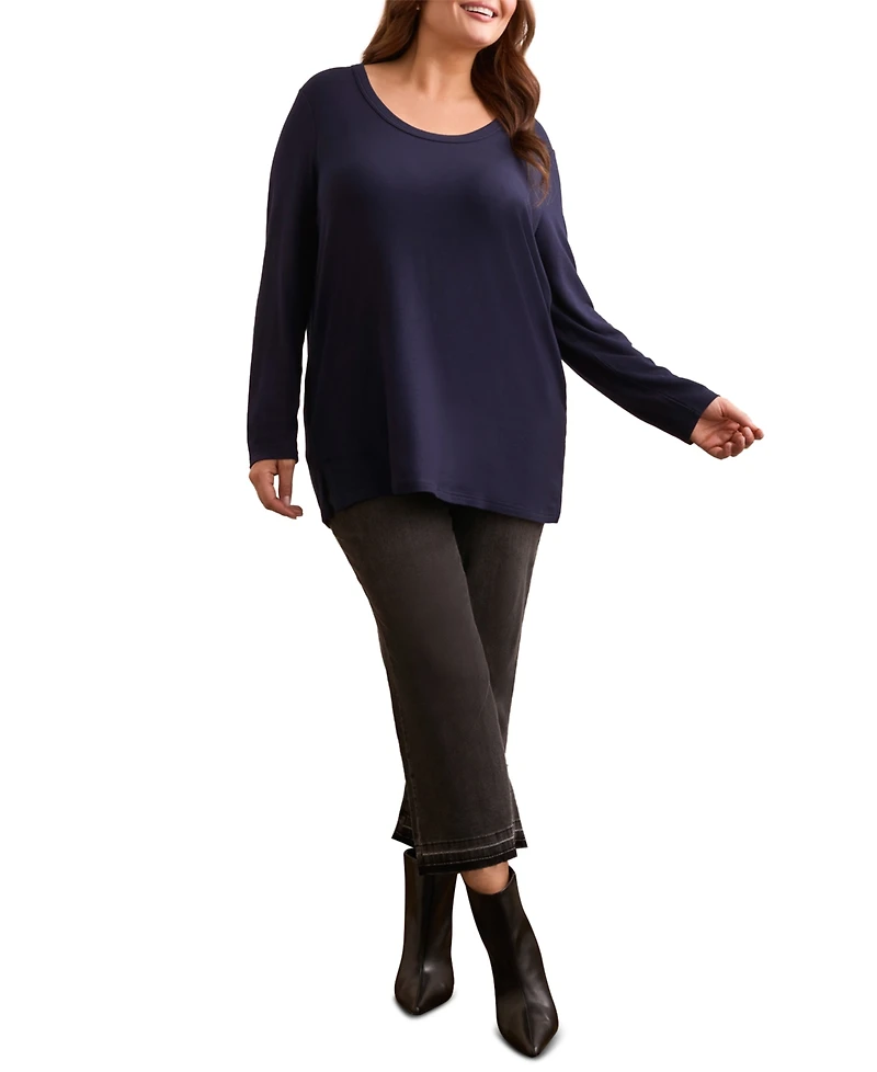 Tribal Plus Soft French Terry Scoop Neck Long Sleeve Top