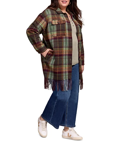 Tribal Plus Brushed Plaid Fringe-Hem Button-Front Shirt Jacket