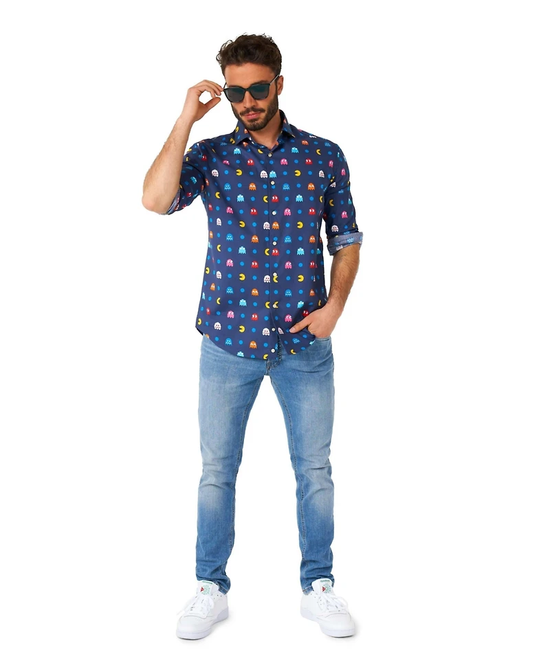 OppoSuits Big & Tall Pixel Official Pac-man Shirt - Retro Gaming Outfit Including 1 Button- Up Blue Long sleeve