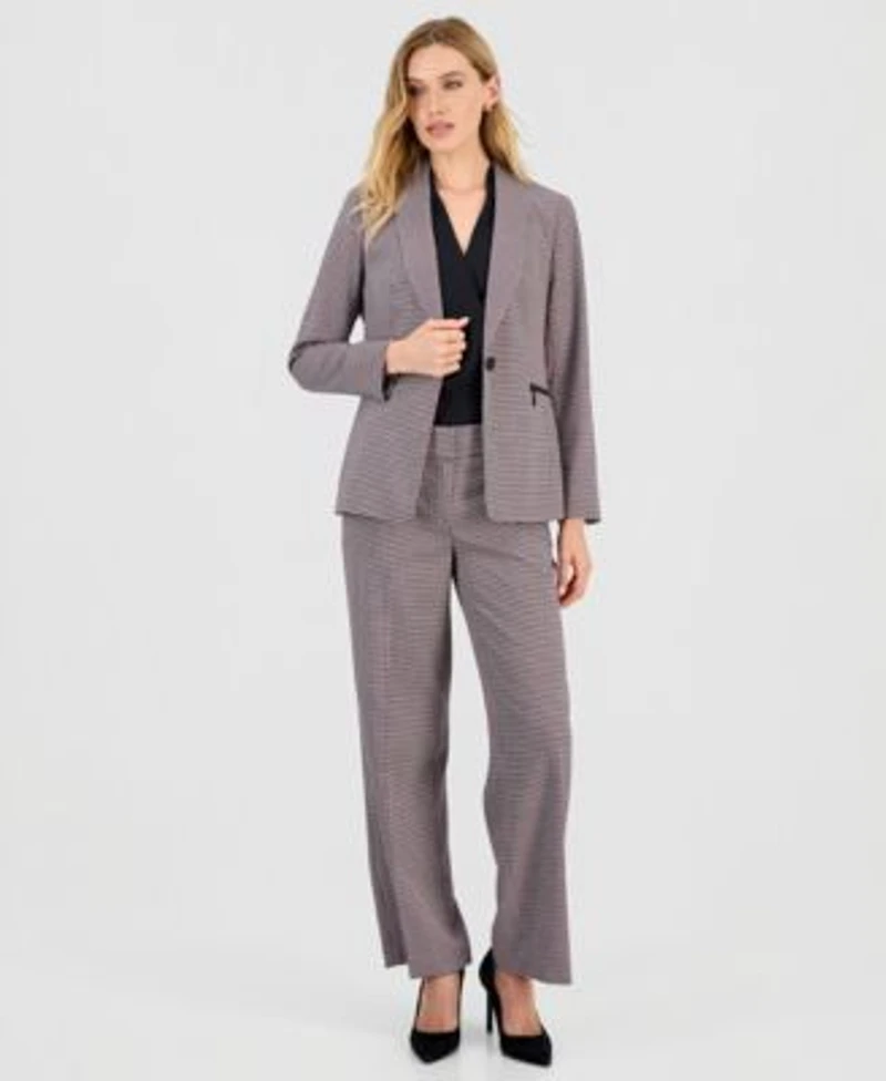 Kasper Womens Houndstooth One Button Jacket Houndstooth Wide Leg Pants