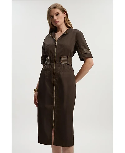 Karen Millen Women's Cotton Pu Utility Midi Dress