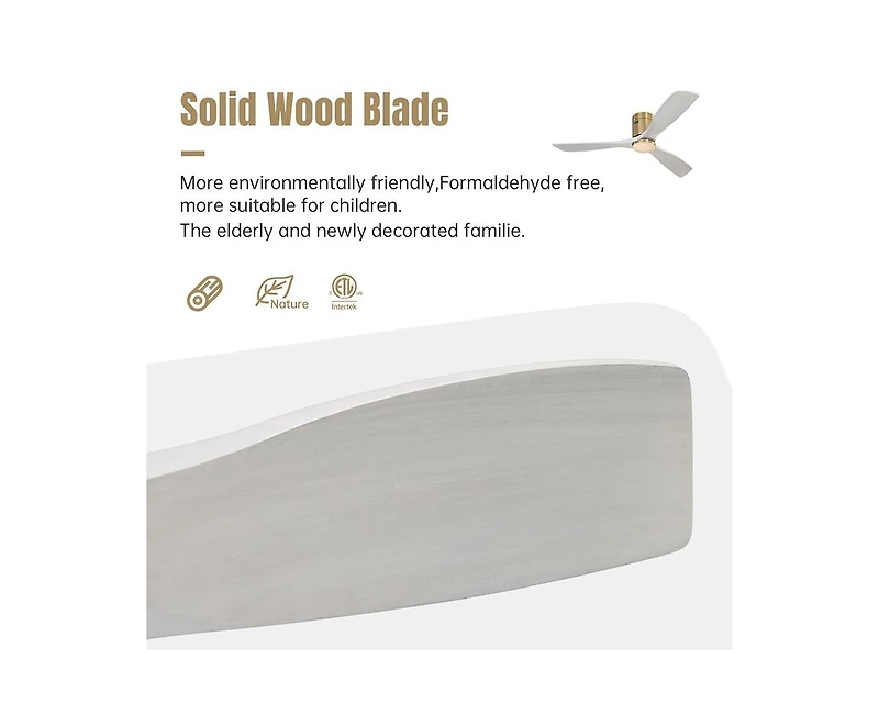 52-inch Modern Golden Sliver 3 Solid Wood Blade Ceiling Fan with 6-speed Remote Control and Forward Reverse Rotation Function for Indoor