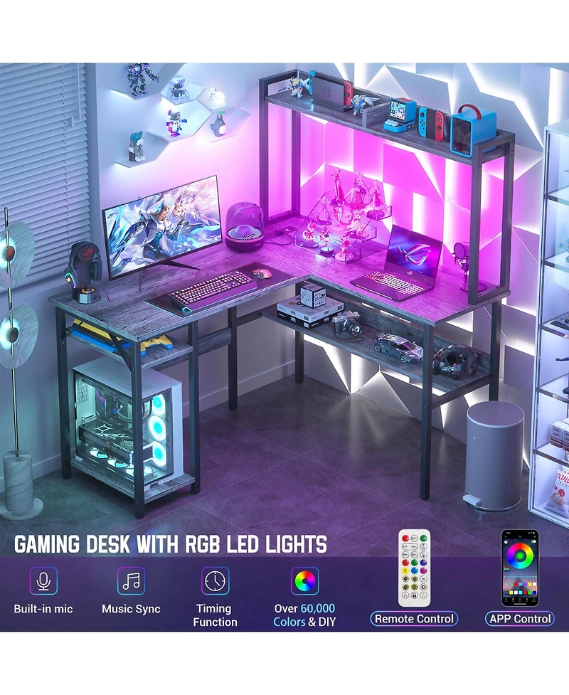 L Shaped Desk with Hutch, Led Lights, Reversible Corner Power Outlet