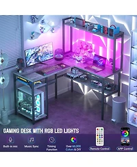 L Shaped Desk with Hutch, Led Lights, Reversible Corner Power Outlet