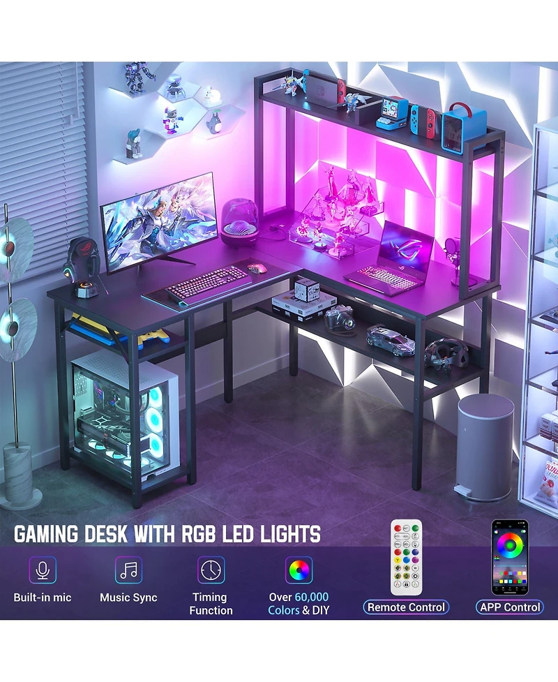 L Shaped Desk with Hutch, Led Lights, Reversible Corner Power Outlet