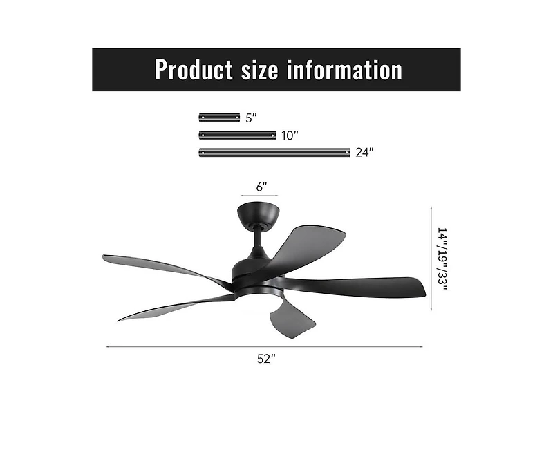 52-inch Black Modern Downrod Indoor Abs 5 Blades Led Ceiling Fan Light with Remote Control Support Six Speed Ajustable