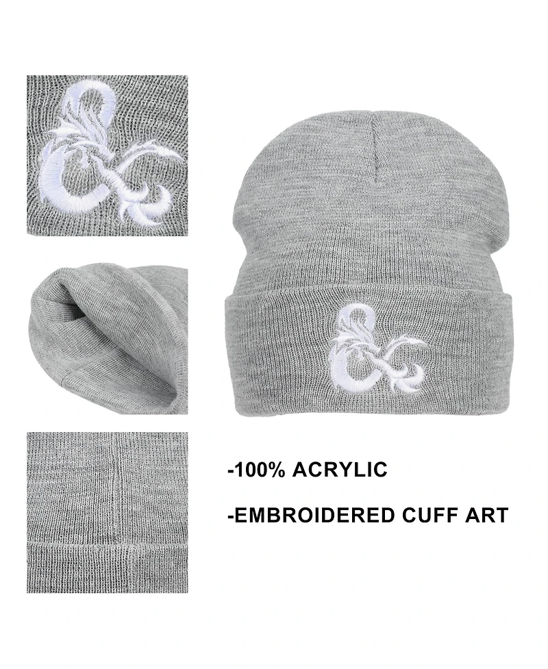 Dungeons & Dragons Men's Ampersand Logo Embroidery Heather Gray Acrylic Knit Cuff Beanie