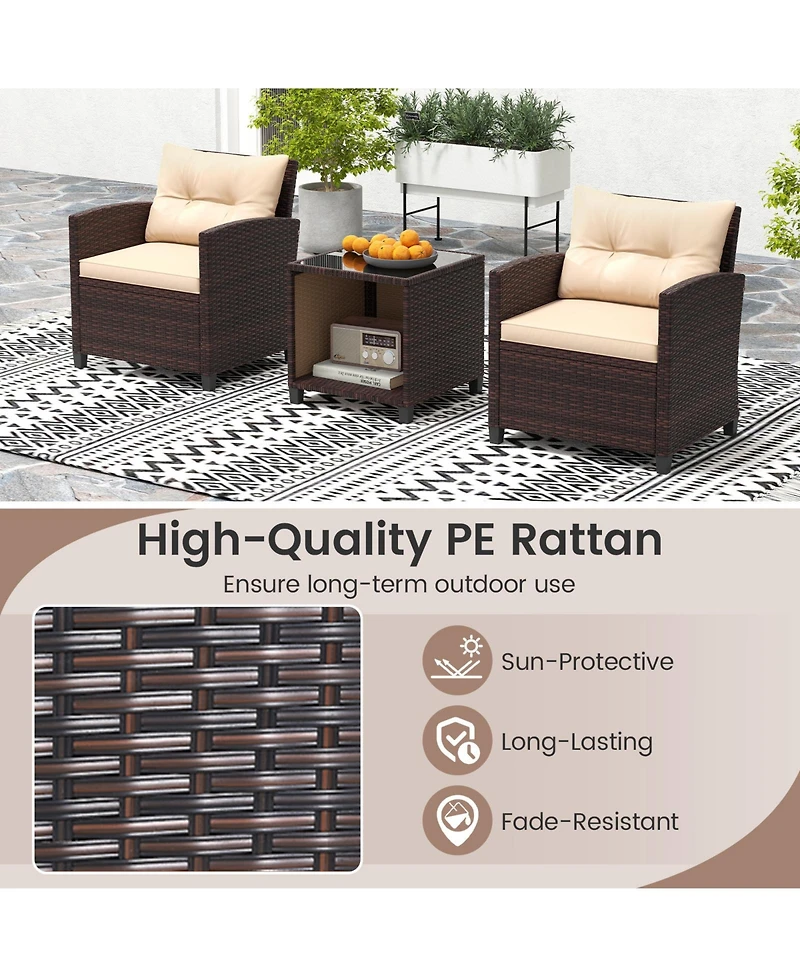 Gymax 3-Piece Patio Furniture Set Pe Rattan Conversation Set w/ Glass Coffee Table Outdoor
