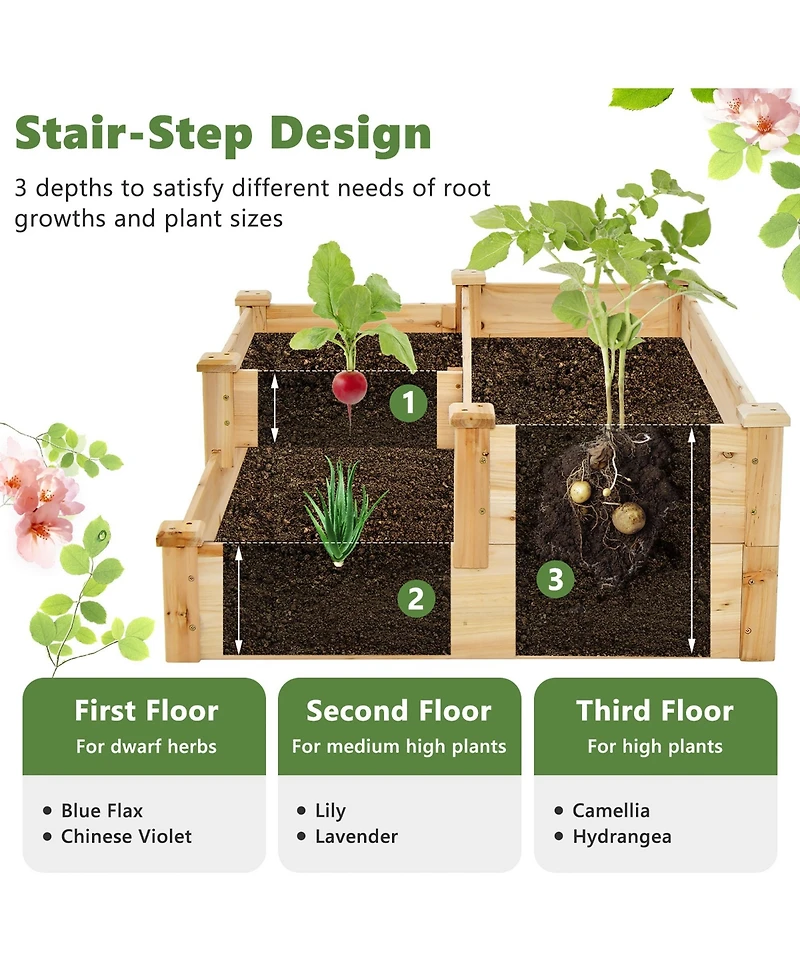 Gymax 3-Tier Outdoor Raised Garden Bed Fir Wood Elevated Flower Box Backyard