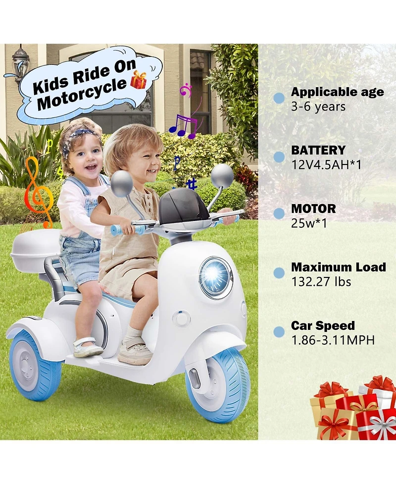 12V Kids Electric Motorcycle, 2 Seater 3 Wheel Ride On Motorcycle with Led Lights Battery Powered Electric Ride On Toy for Boys Girls Birthday Gift