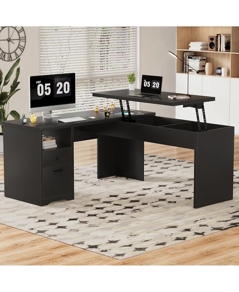 56'' Lift Top Computer Desk with Drawers and Power Outlets, Executive