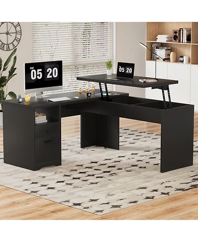 56'' Lift Top Computer Desk with Drawers and Power Outlets, Executive