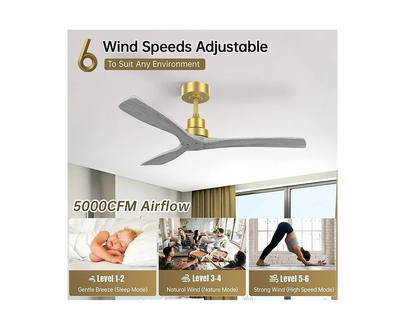 52-inch Modern Golden 3 Blades Walnut Ceiling Fan with 6 Speed Remote control and Timing and Forward Reverse Rotation Function for Indoor