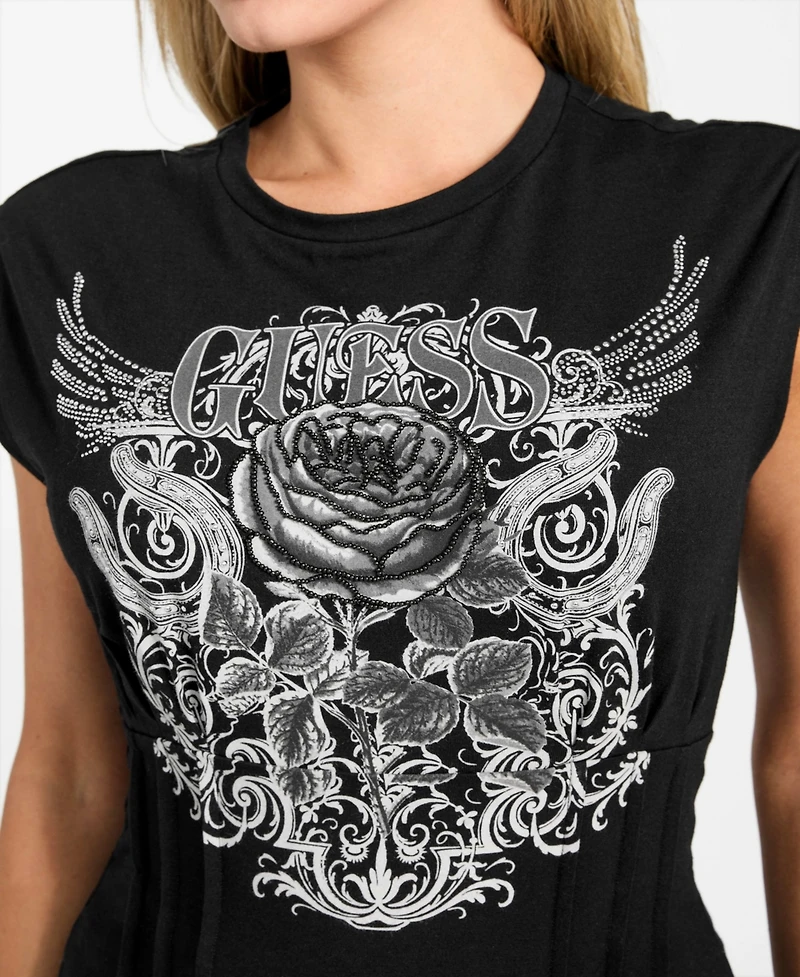 Guess Women's Rose Graphic Corset-Detail Top