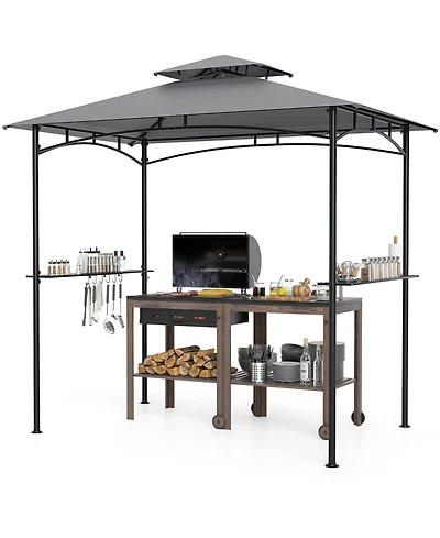 Gymax 8' x 5' Grill Gazebo Outdoor Double-Tiered Grill Canopy w/ 2 Shelves & 6 Hooks