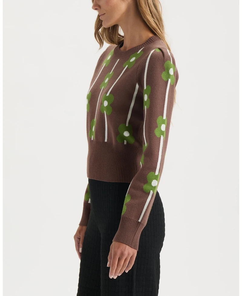 Ellen Tracy Women's Floral Long Sleeve Crew Neck Sweater