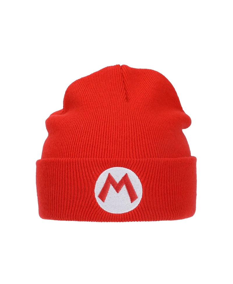 Super Mario Men's Embroidered M Logo On Red Cuff Beanie