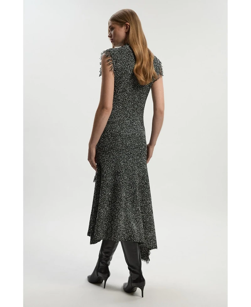 Karen Millen Women's Tweed Yarn Fringe Trim Knitted Dress