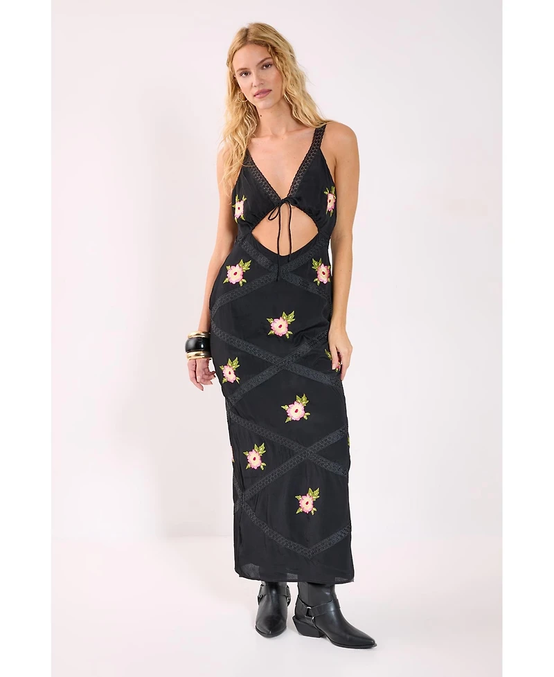 Nasty Gal Women's Embroidered Lace Trim Cut Out Maxi Dress