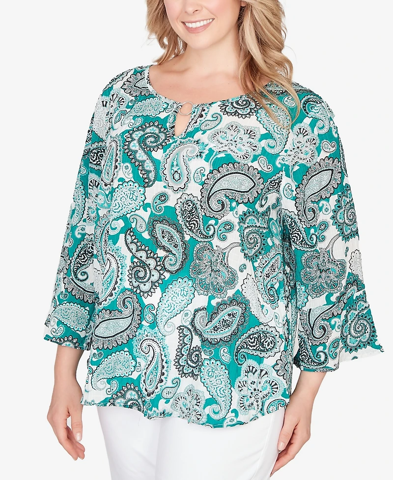 Hearts Of Palm Plus Printed Woven Crinkle 3/4 Sleeve Top