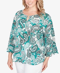 Hearts Of Palm Plus Printed Woven Crinkle 3/4 Sleeve Top