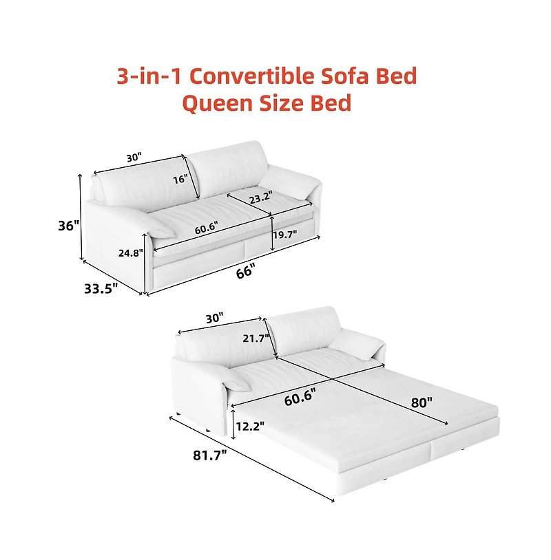Maison Boucle 66" Queen Pull-Out Sofa Bed, Convertible 3-in-1 Velvet Sleeper Couch with Storage Pocket for Living Room or Guest Room-Maison