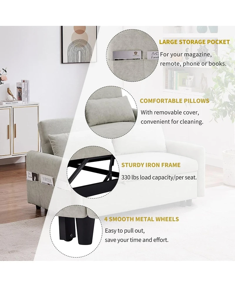 Maison Boucle 55" Convertible Sleeper Loveseat, Pull-Out Sofa Bed with Adjustable Back, Usb A/C Ports & Side Pockets for Small Living Spaces-Maison Bo