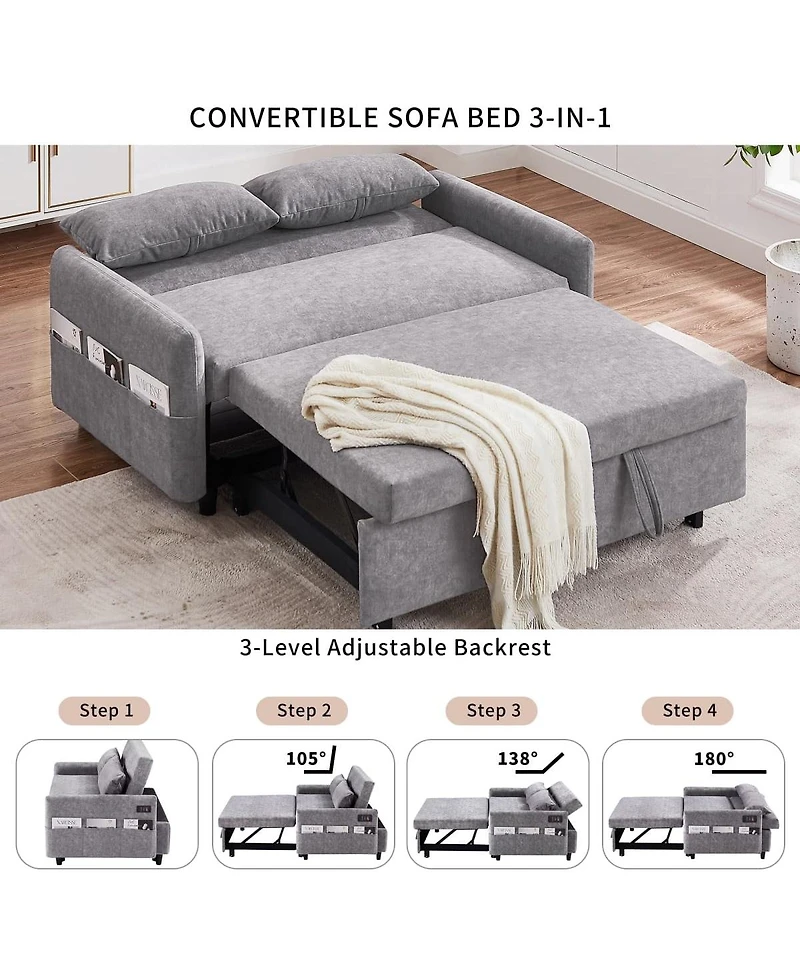 Maison Boucle 55" Convertible Sleeper Loveseat, Pull-Out Sofa Bed with Adjustable Back, Usb A/C Ports & Side Pockets for Small Living Spaces-Maison Bo