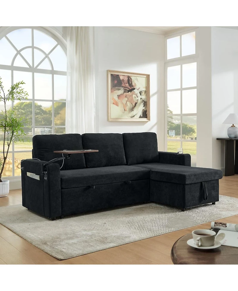 Maison Boucle Modern Chenille Pull-Out Sofa Bed with Led Lights, Usb Ports & Cup Holders, Sleeper Couch Storage for Living Room-Maison