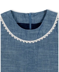 Hope & Henry Little and Big Girls' Organic Puff Sleeve Pintuck Chambray Dress