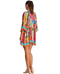 La Moda Clothing Women's Multicolor Mini Dress with Side Asymmetrical Hem and Beaded Neckline