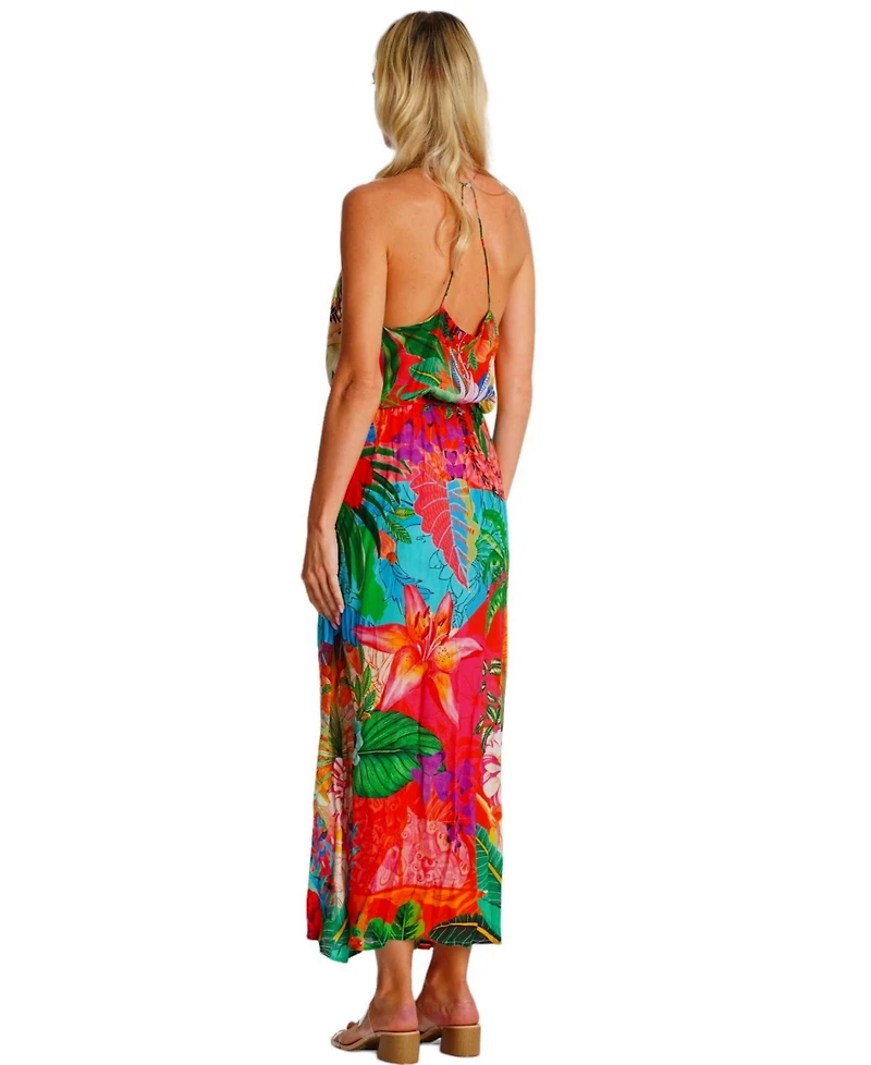 La Moda Clothing Women's Maxi Dress, Halter Neck & Crossed Back Straps, Cinched Waist with Side Slits