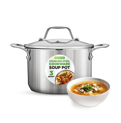NutriChef 3 Quart Polished Stainless Steel Soup Pot with Glass Lid NCSP3
