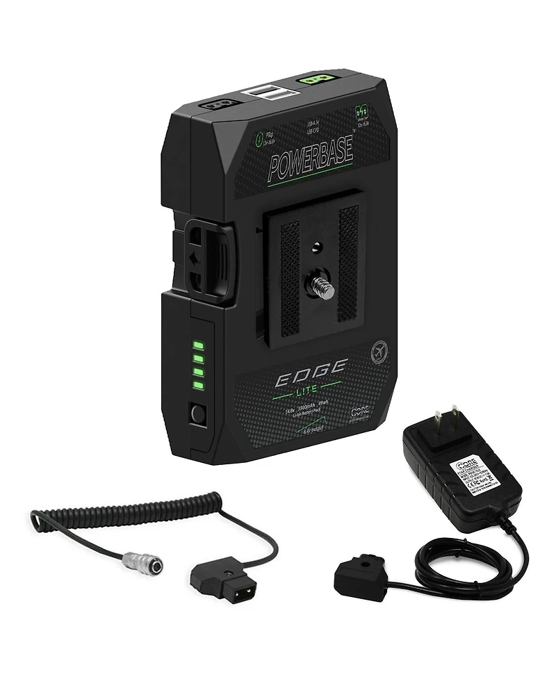 Core Swx PowerBase Edge Lite 49Wh 14.8V Small Form Cine Base Lithium-Ion Battery Pack Bundle with Coiled D-Tap to 2-Pin Cable, D-Tap Charger