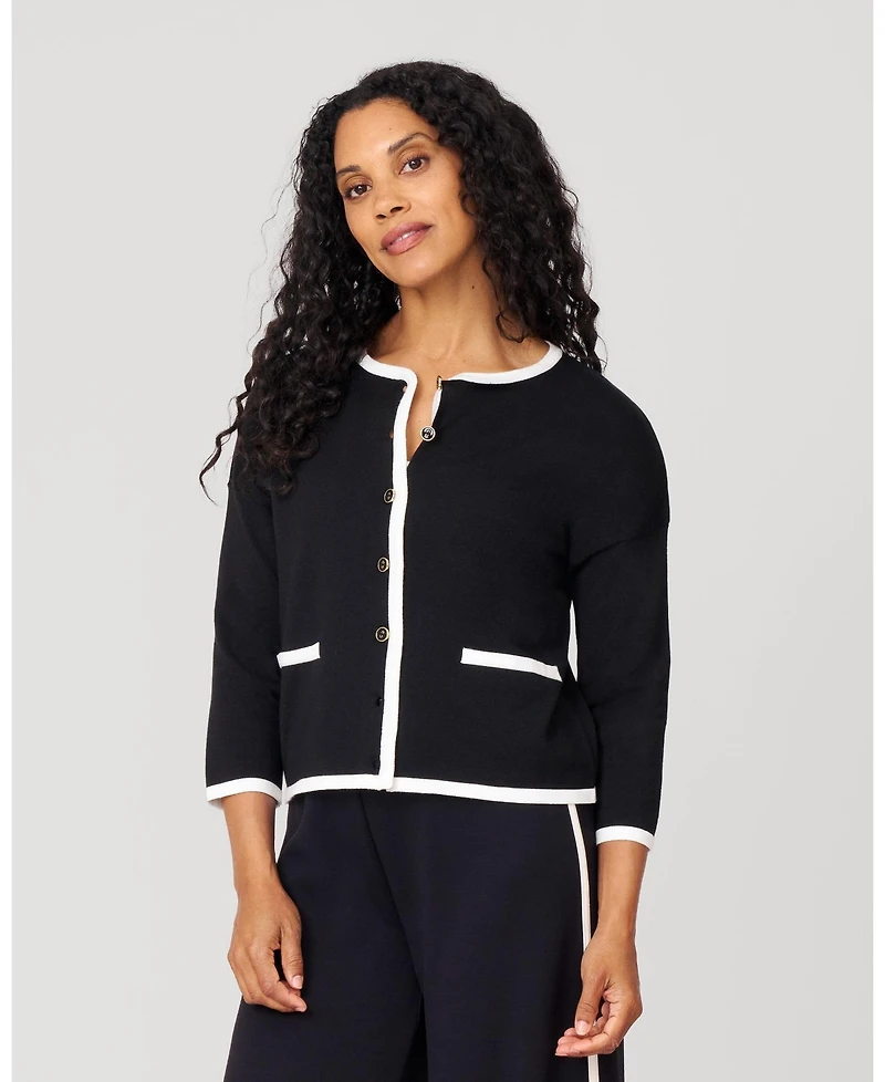 Cable & Gauge Women's Contrast Trim Crewneck Cardigan