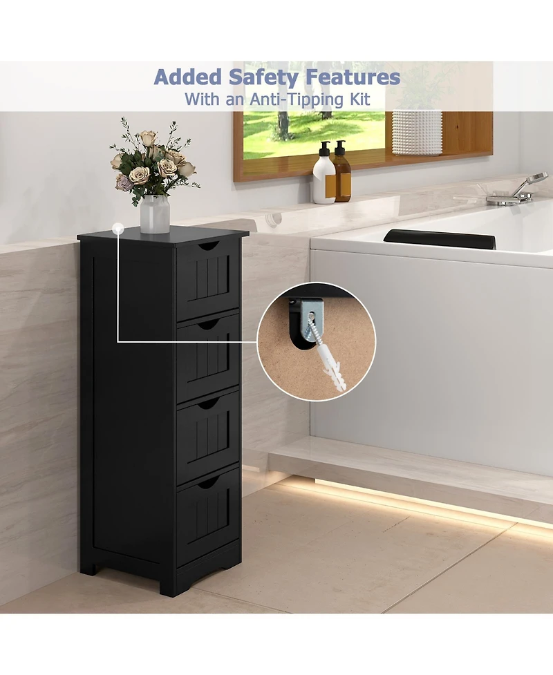 Gymax Bathroom Floor Cabinet Freestanding Narrow Side Storage Organizer w/ 4 Drawers
