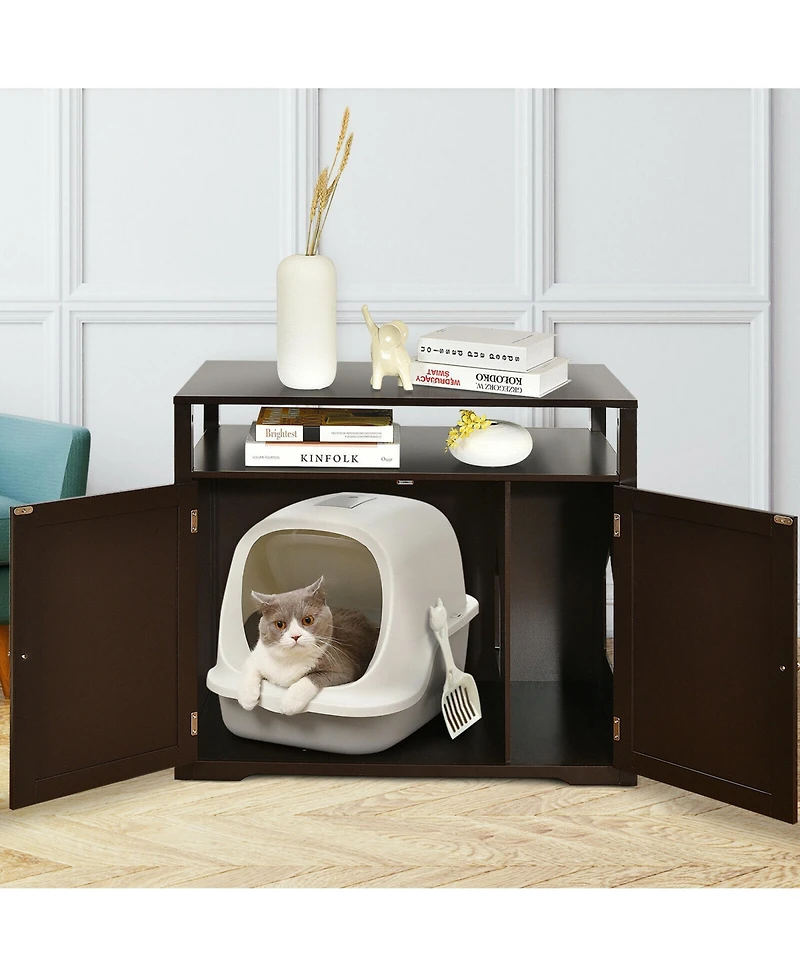 Gymax Wooden Cat Litter Box Enclosure Hidden Washroom w/ Storage Layer