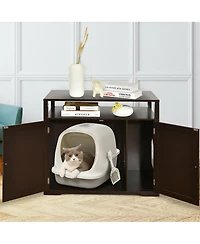 Gymax Wooden Cat Litter Box Enclosure Hidden Washroom w/ Storage Layer