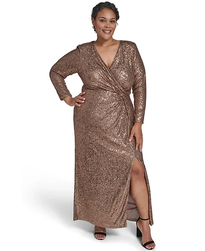 Jessica Howard Plus Sequin Twist-Front Long Sleeve Gown